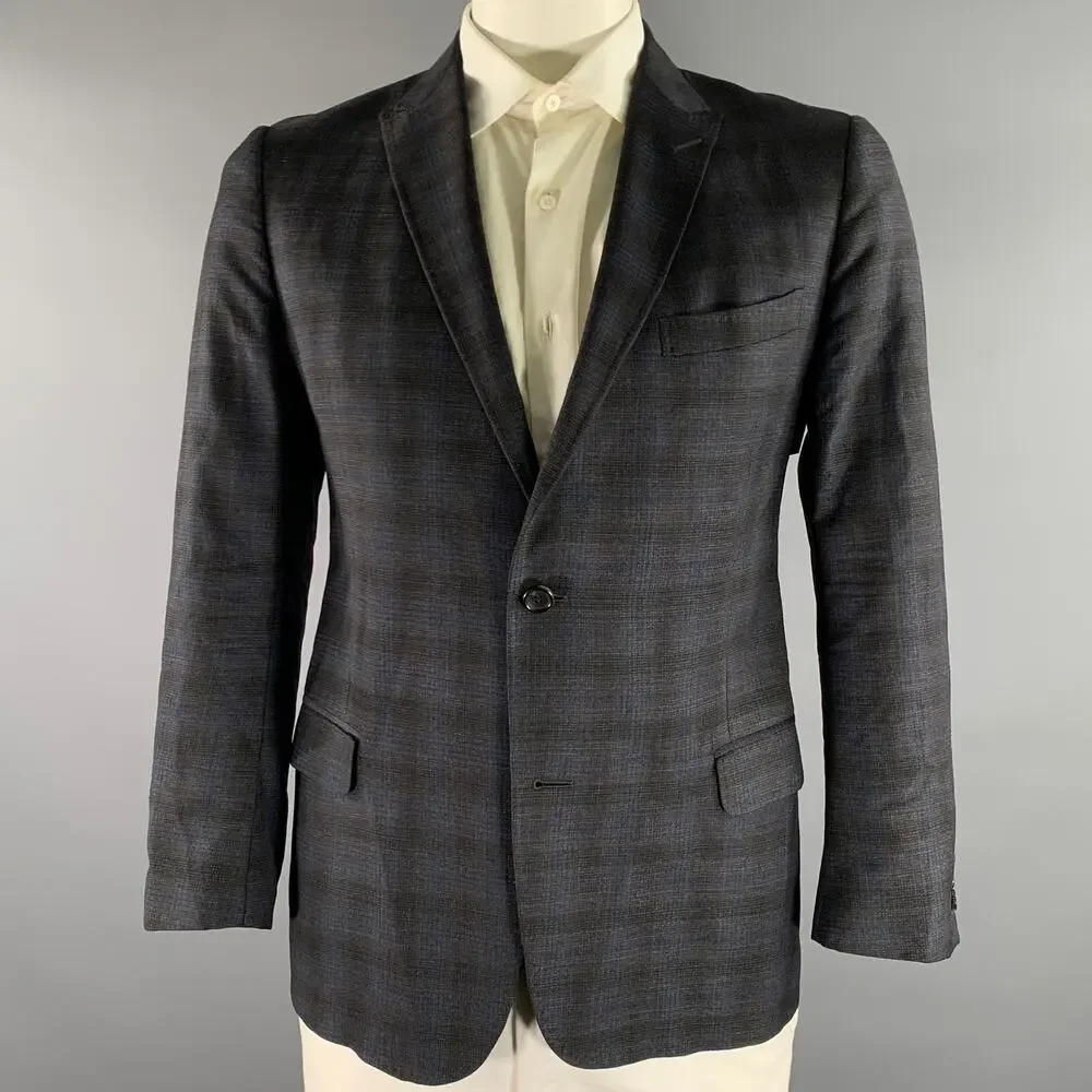 GUCCI Size 42 Grey Blue Ombre Plaid Wool Blend Peak Lapel Sport Coat